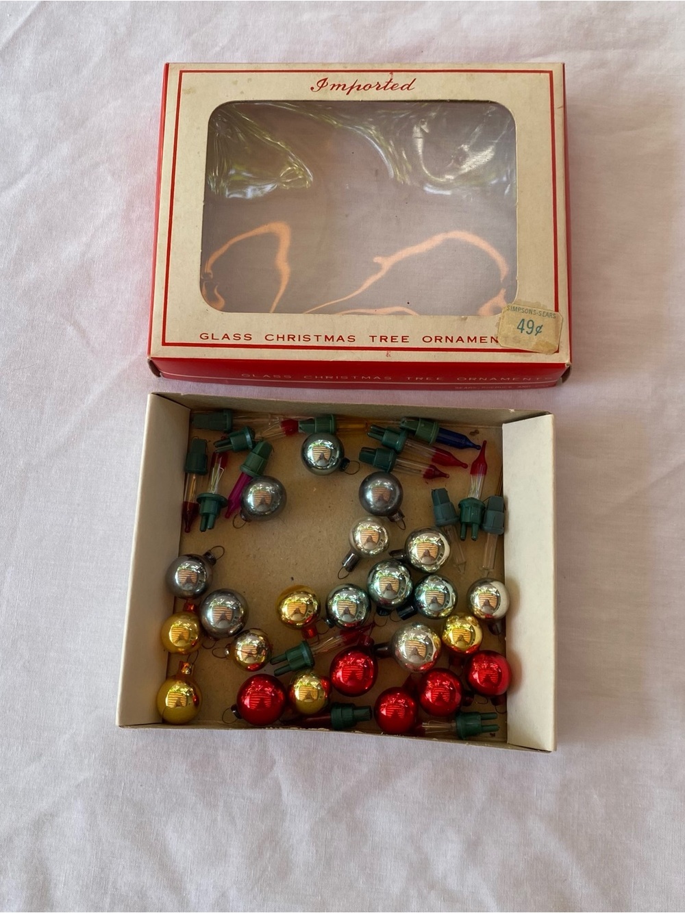 Vintage Sears Japan Mini Glass Christmas Ornaments Boxed 23pc MCM